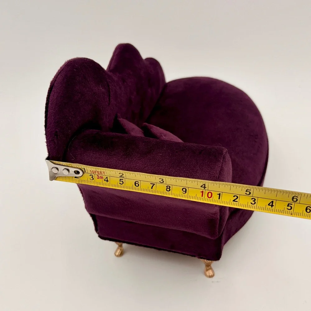 Burgundy Velvet Chaise Lounge Jewelry Box Miniature Sofa with Mirror & Ring